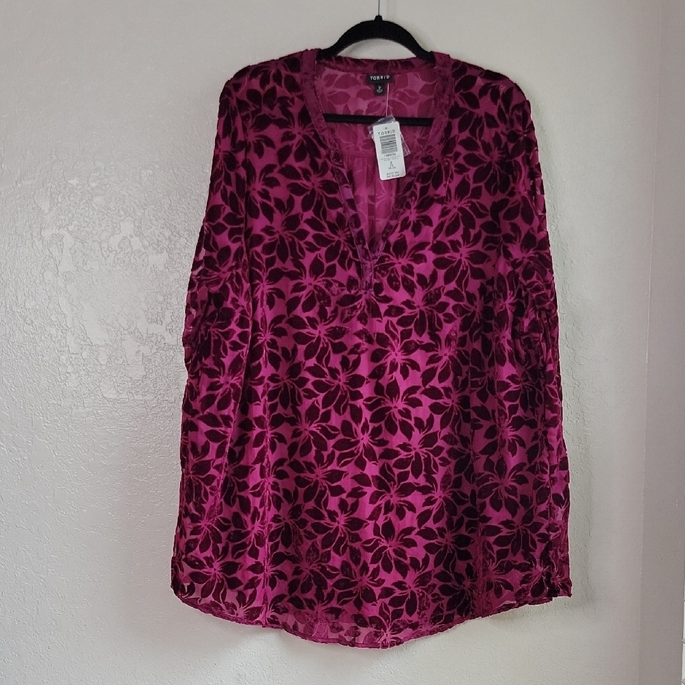 Torrid Burgandy Floral Long Sleeve Velvet Burnout Hi Lo Blouse